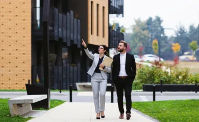 business people walking through development